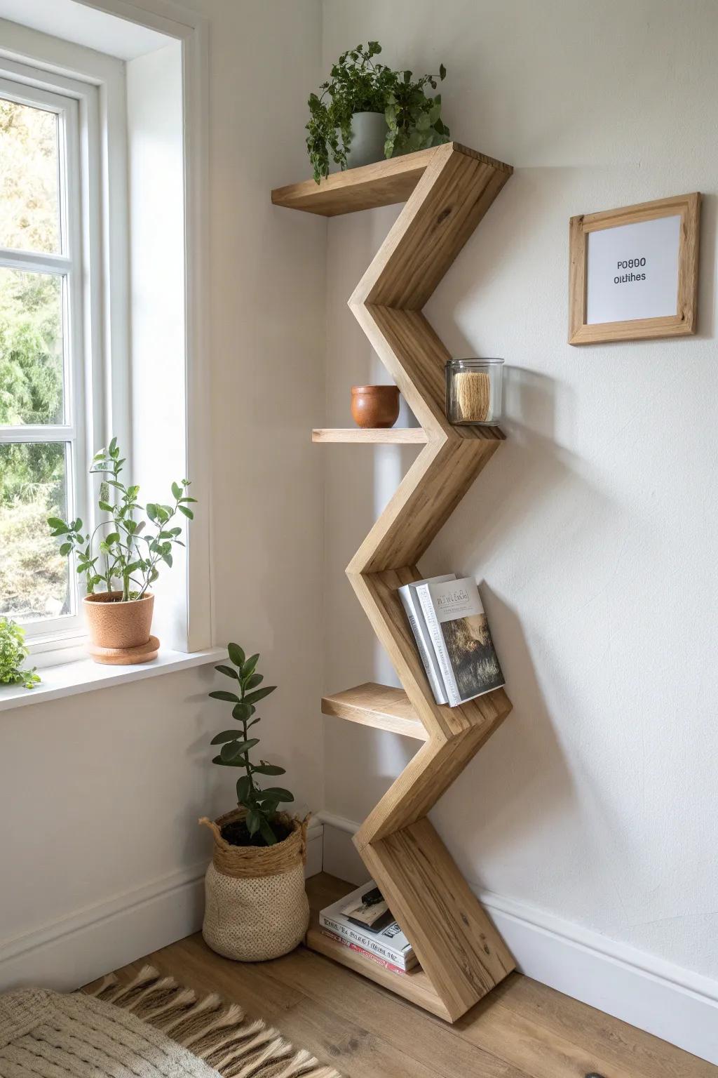 Zig-zag corner spine shelf: a lightning-bolt climb for plants and books in tiny corners.