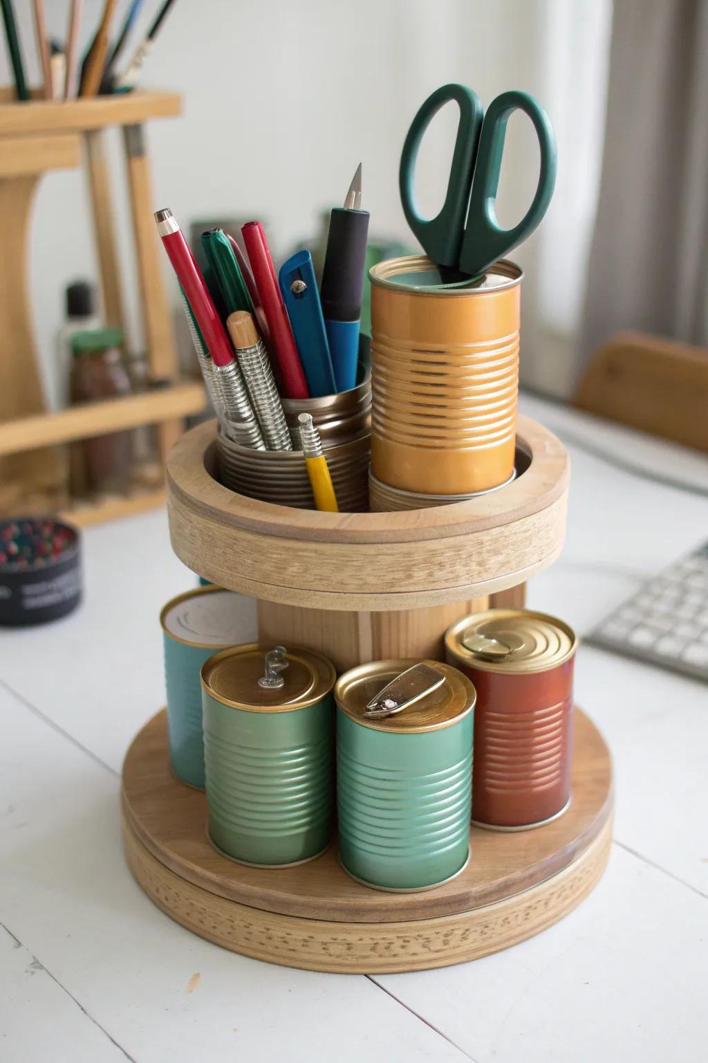 Spinning tin-can carousel: chic, space-saving craft storage that fits on a tiny desk.
