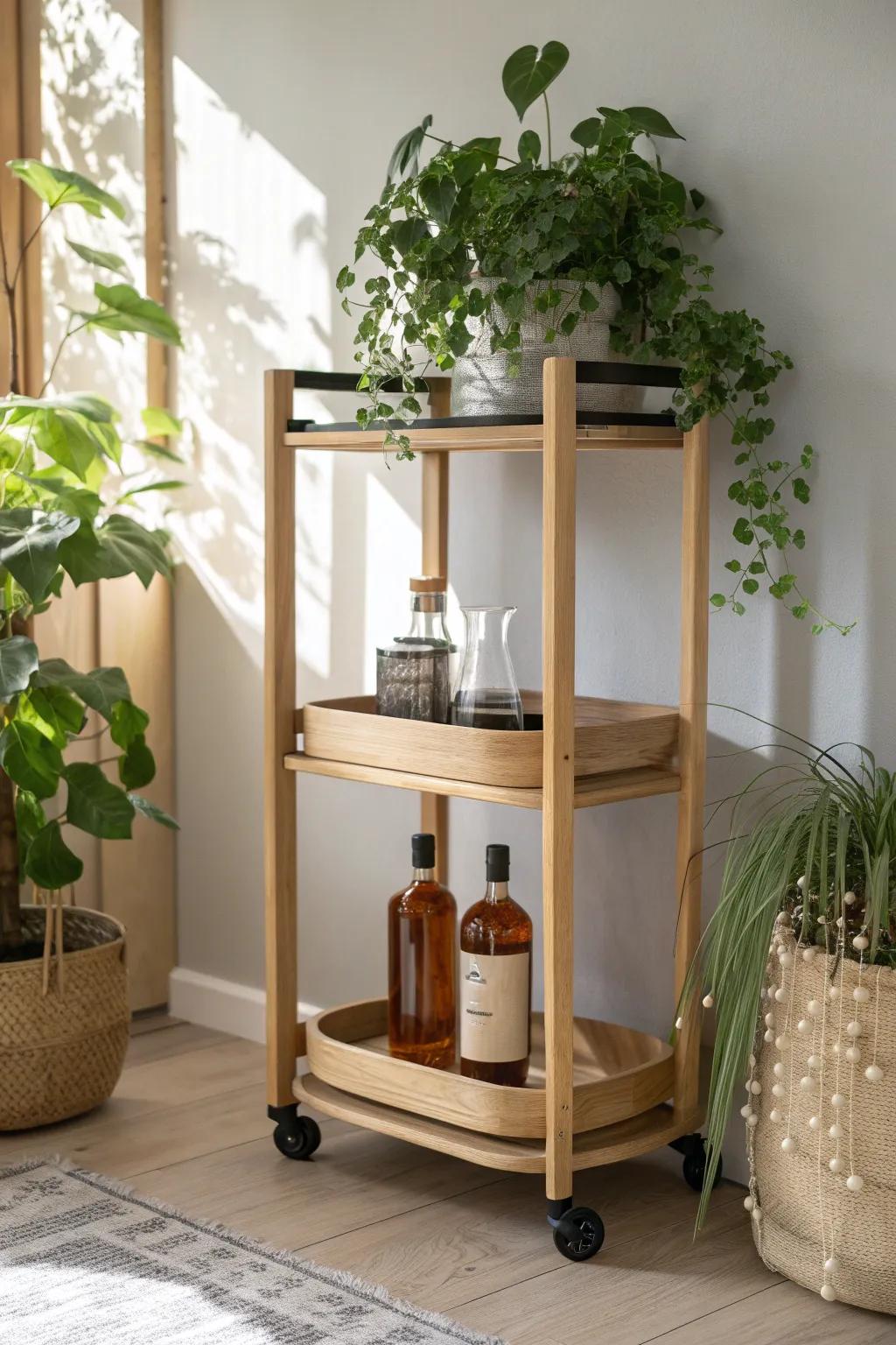 A plant-shelf corner bar: greenery in front, pretty bottles behind—decor first, drinks second.