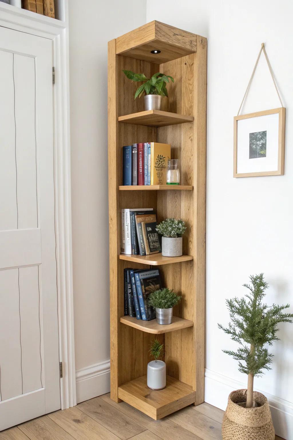 Corner bookshelf styling: bold book spines + trailing plants for a soft, airy boho-minimal look.