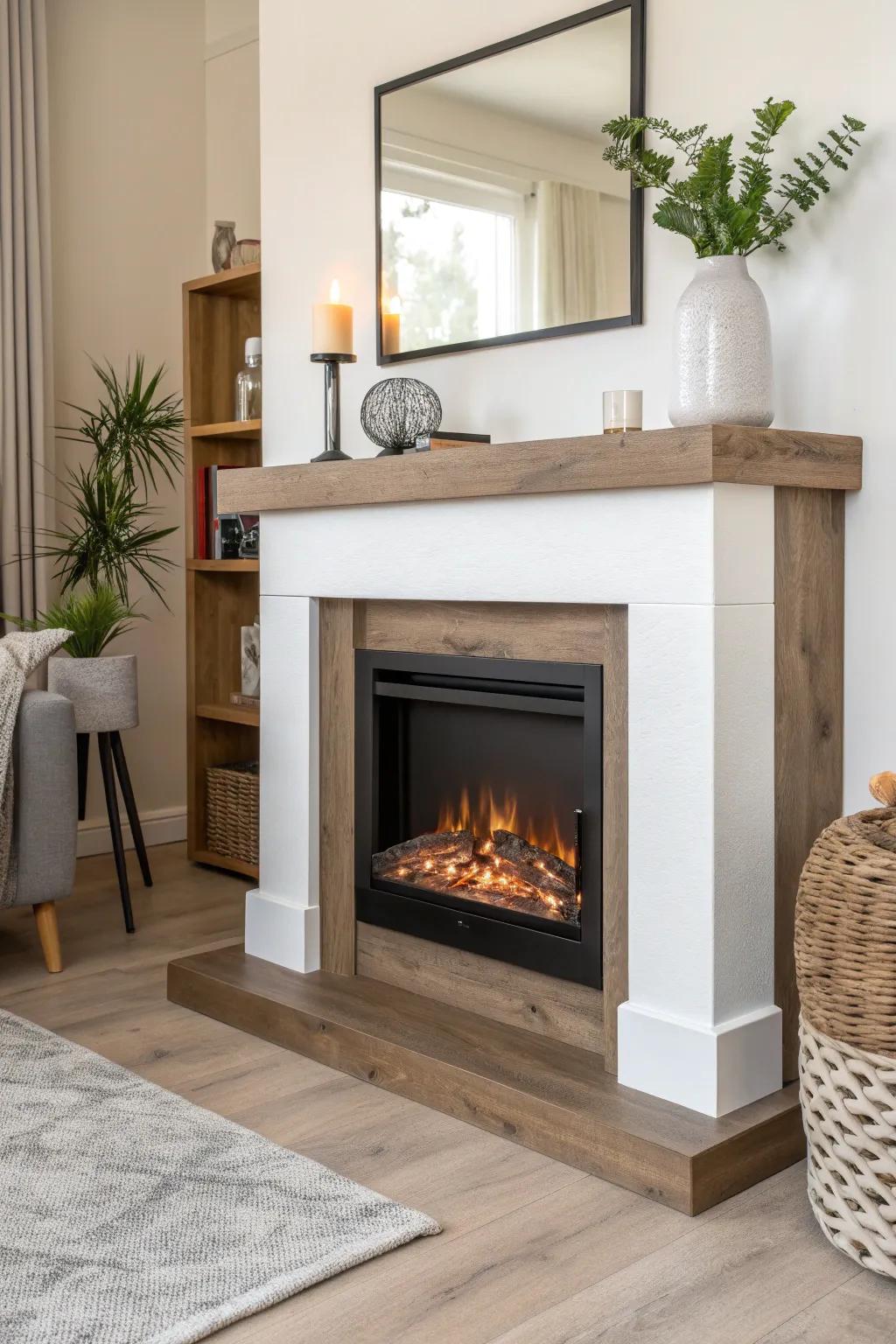Two-tone corner electric fireplace: light surround, dark mantel—small-space definition.