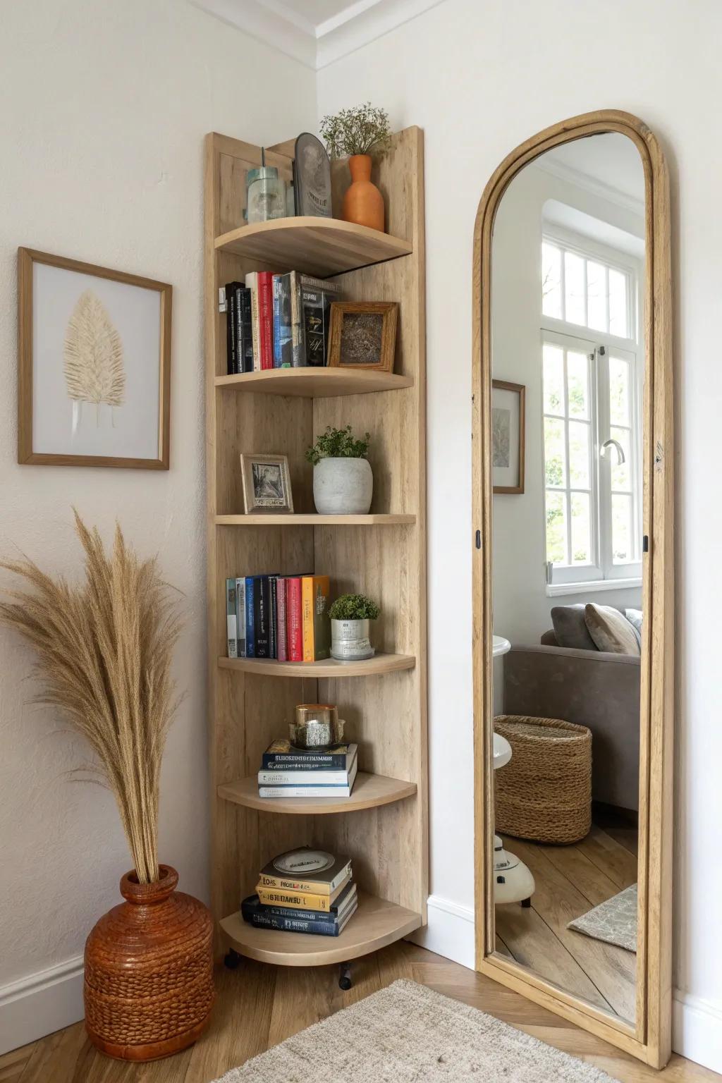 Mirror-backed corner shelves double the light—turn your book nook into a bright, curated display.