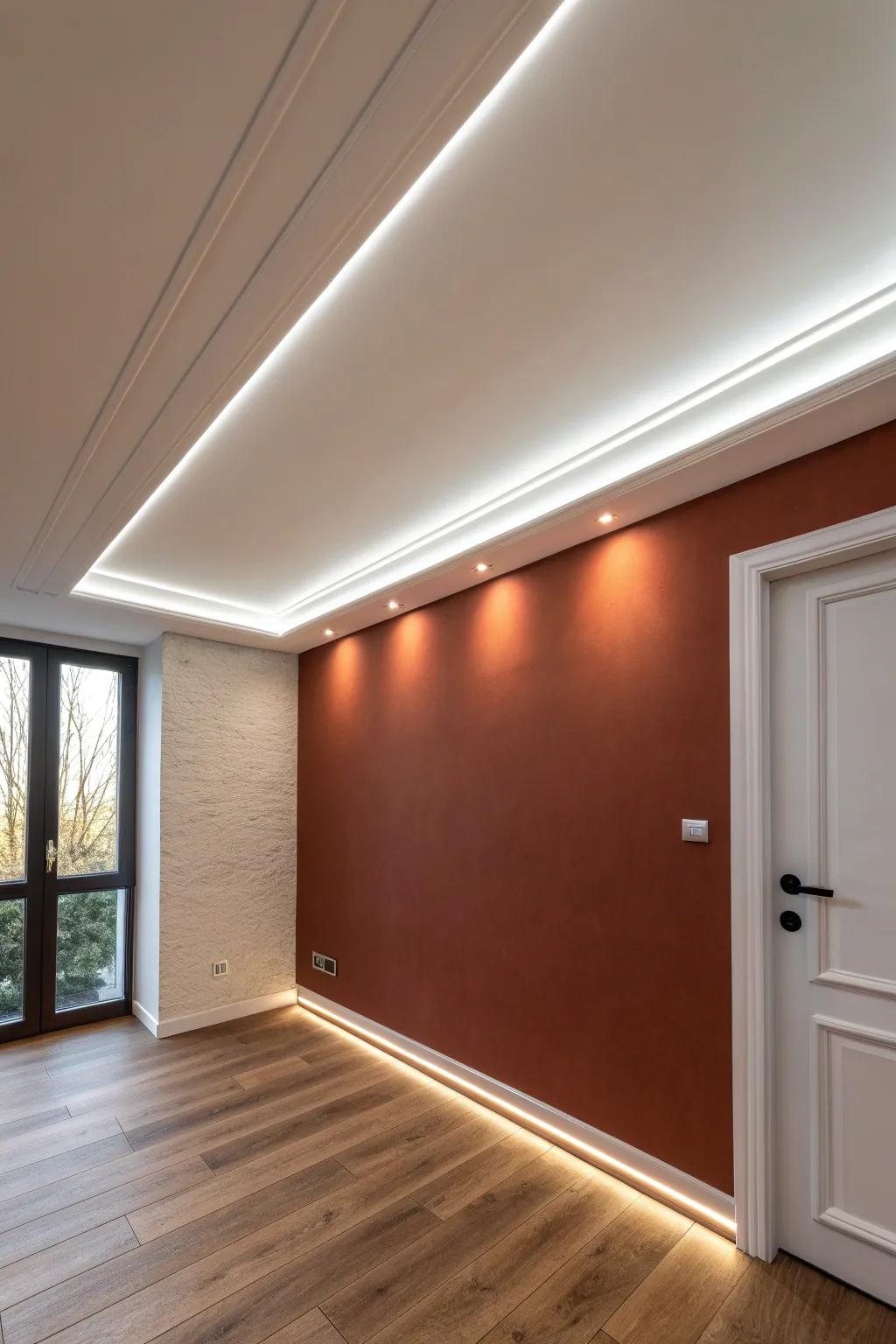 A recessed-look corner LED strip that washes the ceiling—instant high-end glow for small rooms.