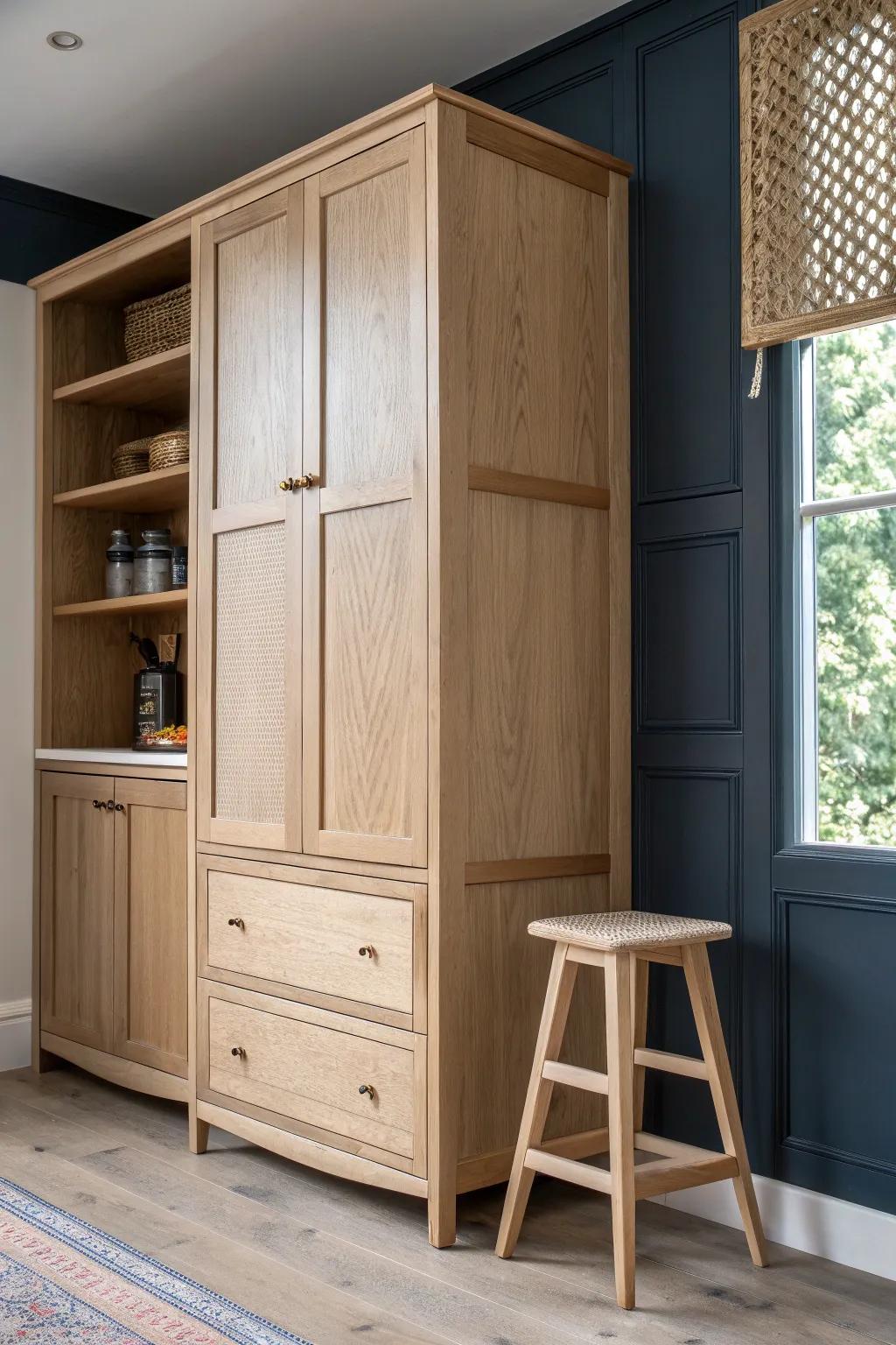A hidden step-stool bay keeps your corner pantry sleek—reach high shelves in seconds.