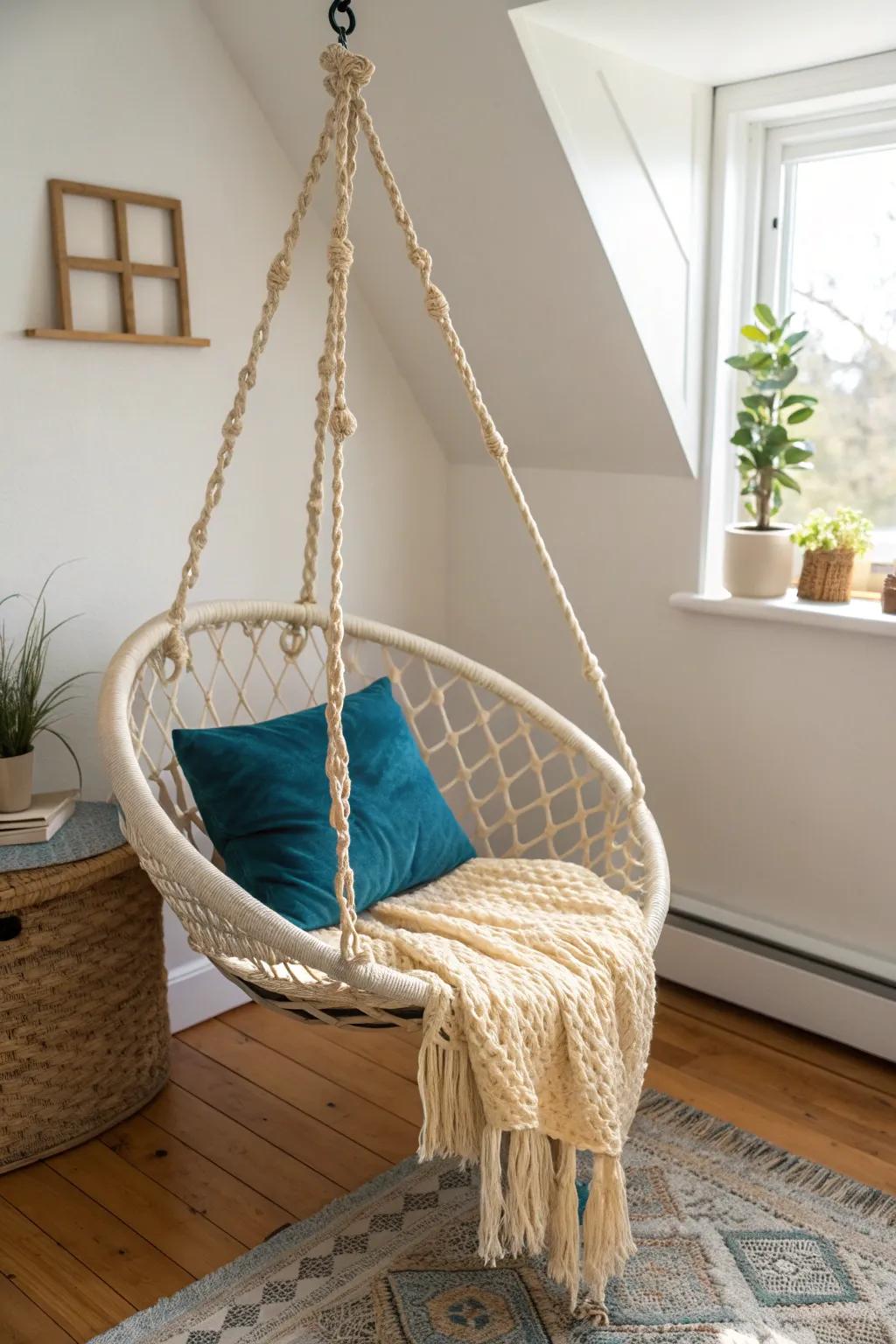 A floating macramé hanging chair turns any corner into a cozy, space-saving reading nook.