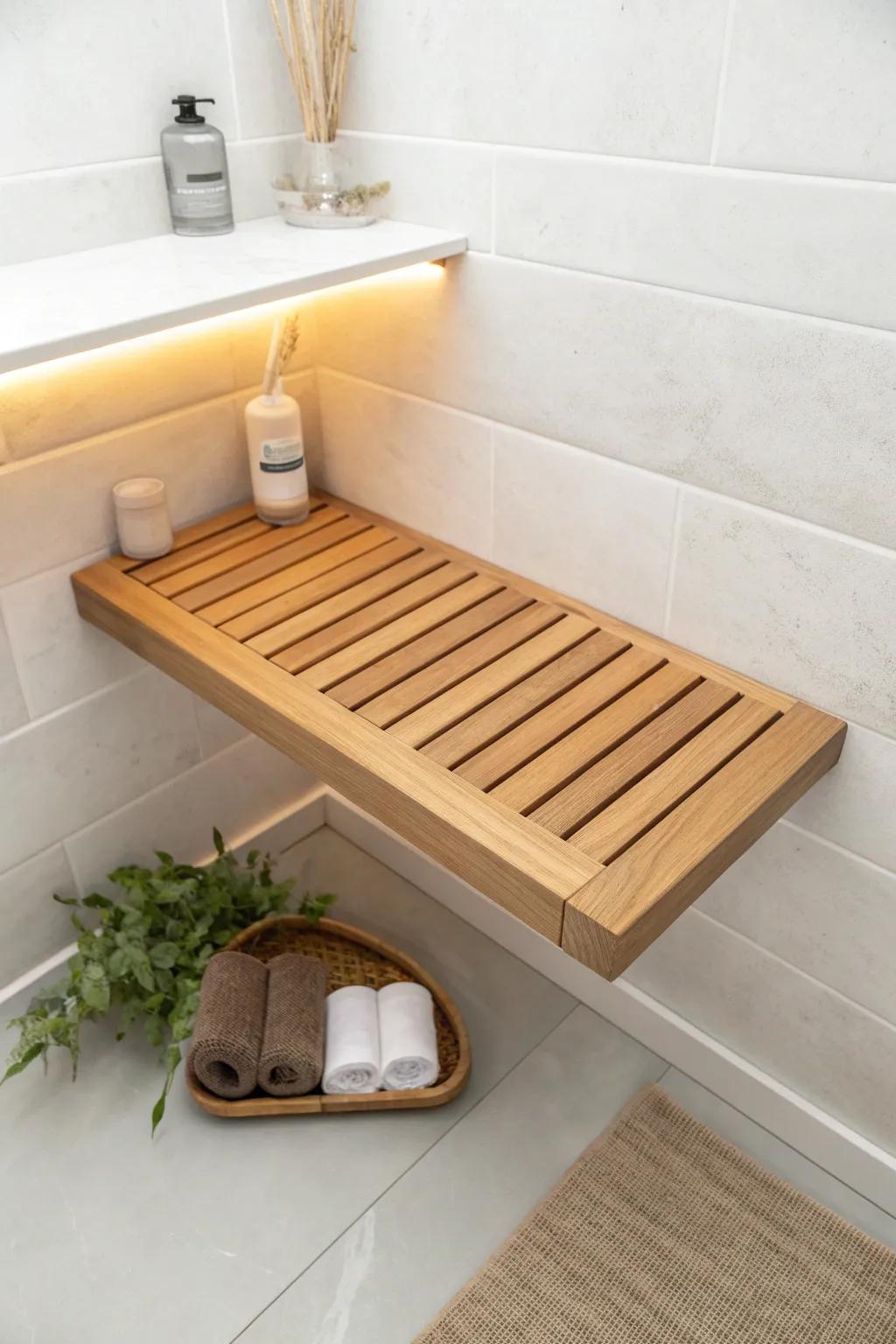 A floating corner bench with hidden LED lighting creates an instant spa-glow in small showers.