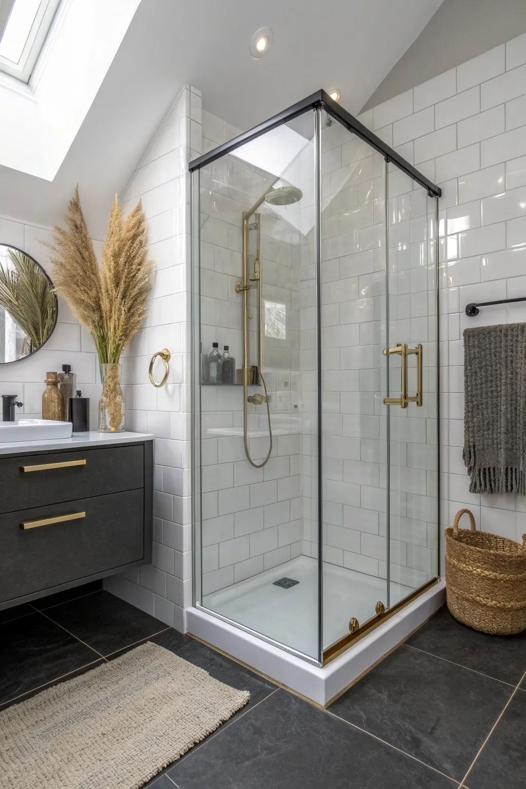 Mirror-gloss corner tiles bounce light to brighten even the darkest small bathroom.