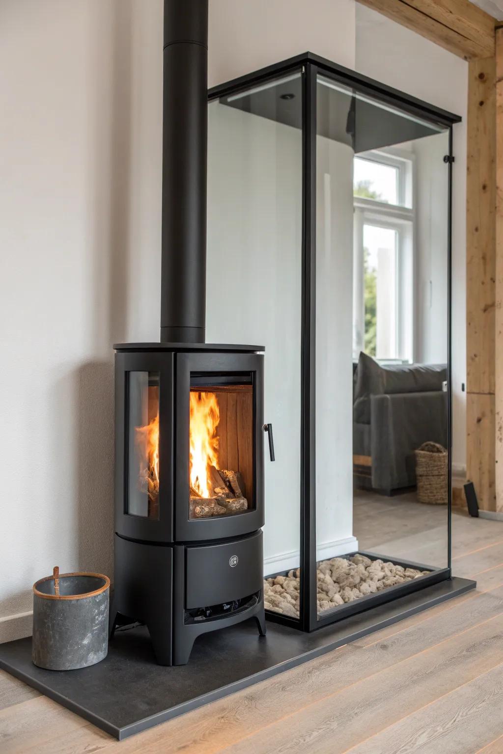 Corner stove + glass divider: double the flame view while keeping a bright, open small-space layout.