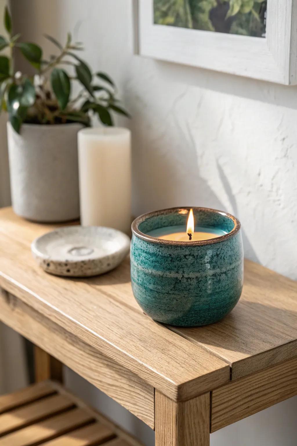 A single seasonal swap: a bold ceramic candle to refresh your corner table in seconds.