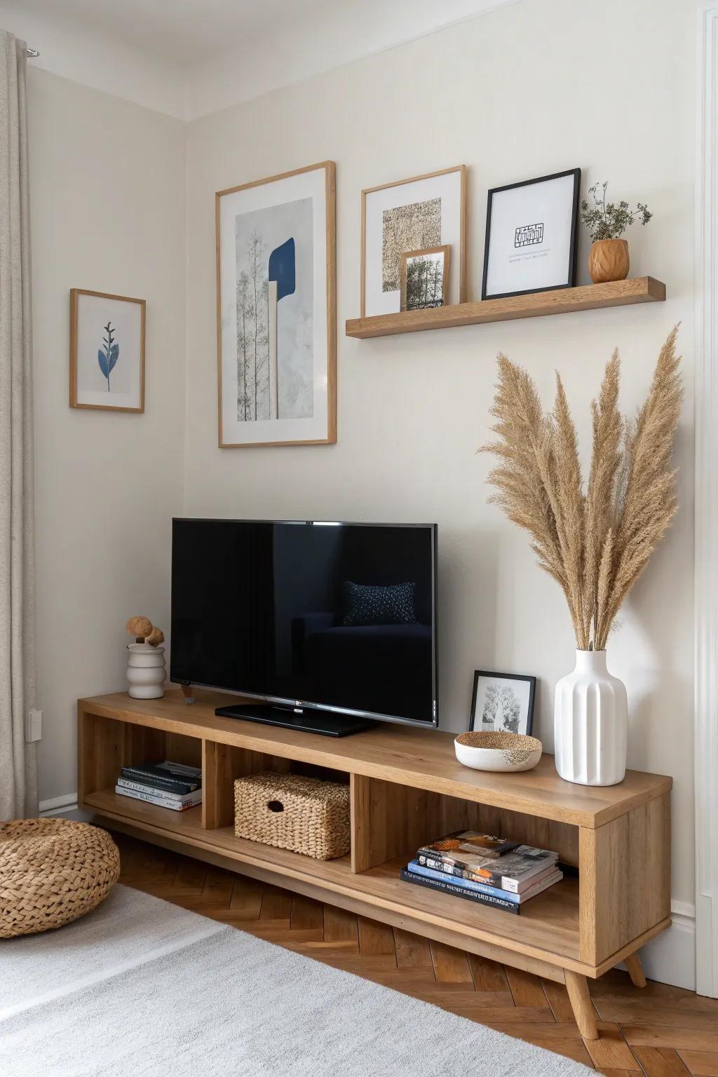 Make a corner TV feel curated with slim picture ledges, art frames, and a bold pop of color.