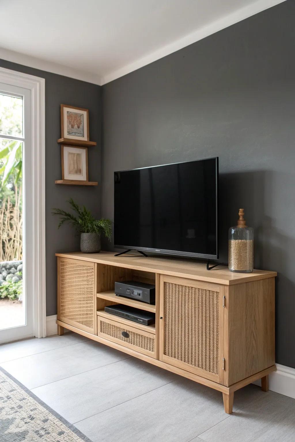 Sleek corner TV shelf with sliding panels—hide the screen for a calmer, chic small-space vibe.