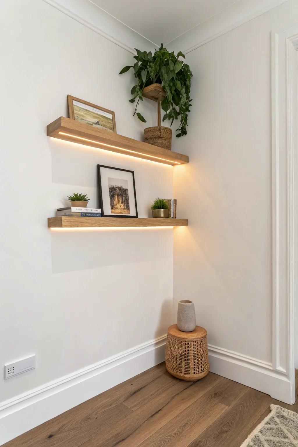 Hidden LED corner shelf glow: a soft blush wall wash that makes any tiny corner feel luxe.