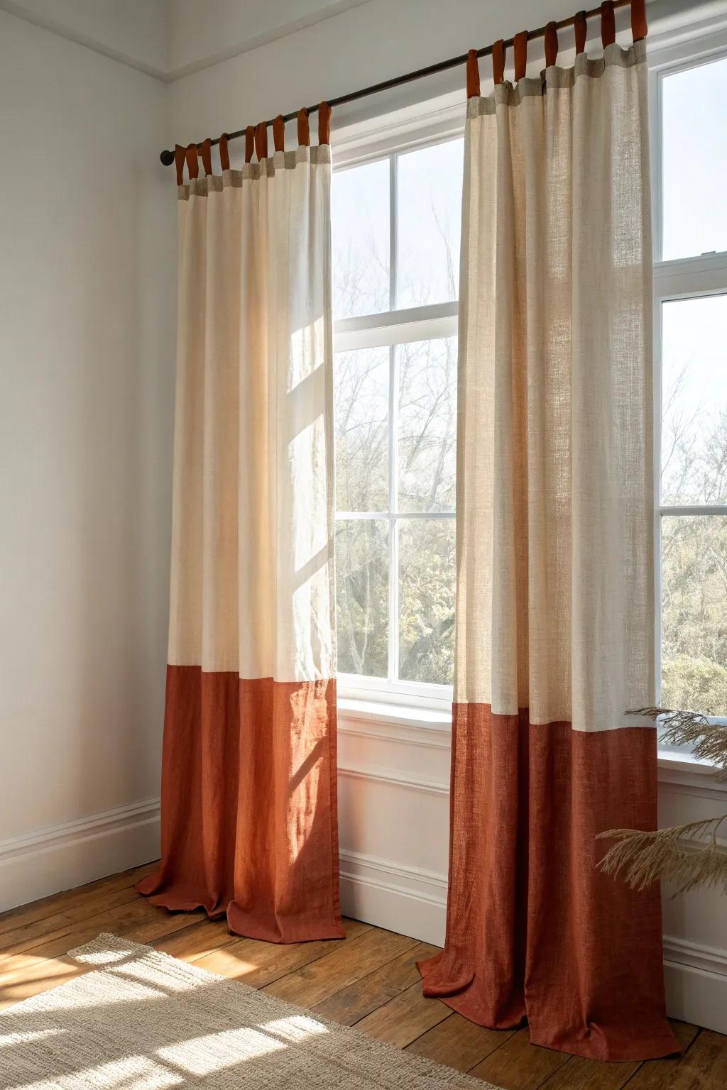 Color-blocked linen curtains with deep inner edges that “square off” a corner window beautifully.