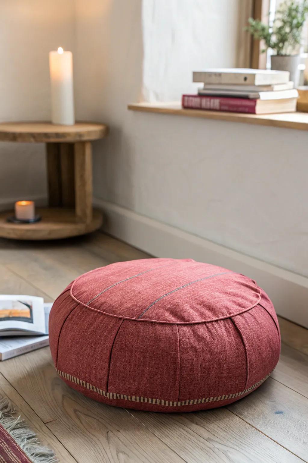 Couchless calm: a handcrafted floor cushion turns any corner into a meditation seat.
