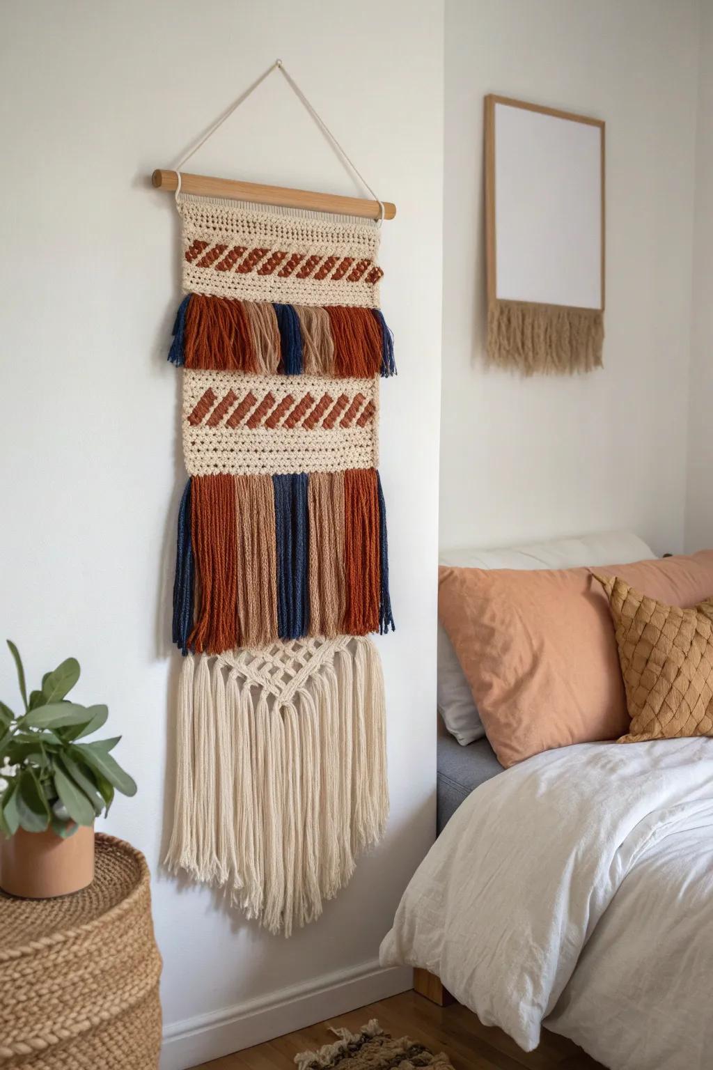 A handwoven fabric wall moment that quiets echoes and makes a small bedroom feel instantly cozy.
