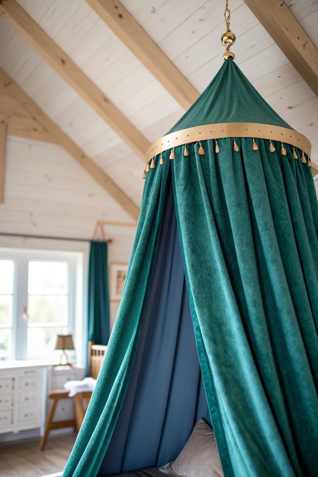 Turn attic slopes into a jewel-box cocoon with a sleek track and luxe fabric panels.