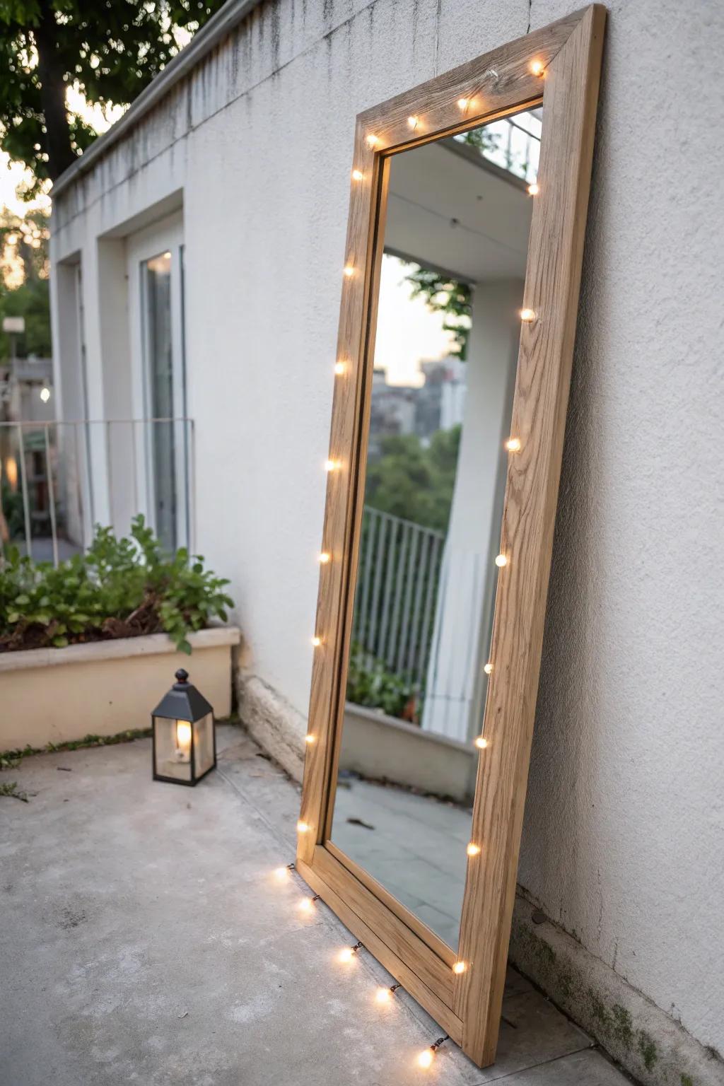 A weather-safe mirror doubles balcony glow at night and makes a skinny space feel wider.