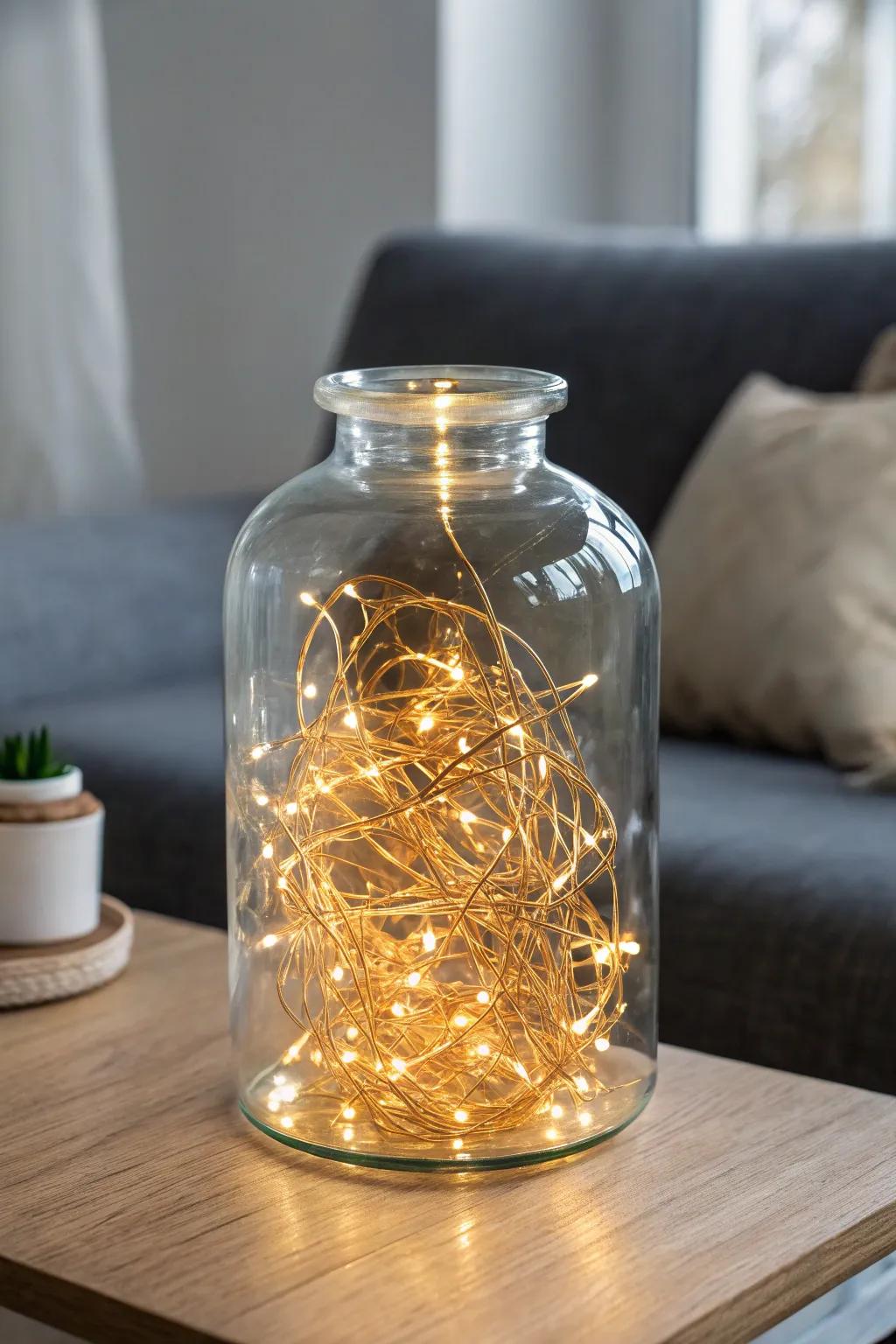 Hide warm fairy lights in a glass jar for a clutter-free, cozy centerpiece that glows softly.