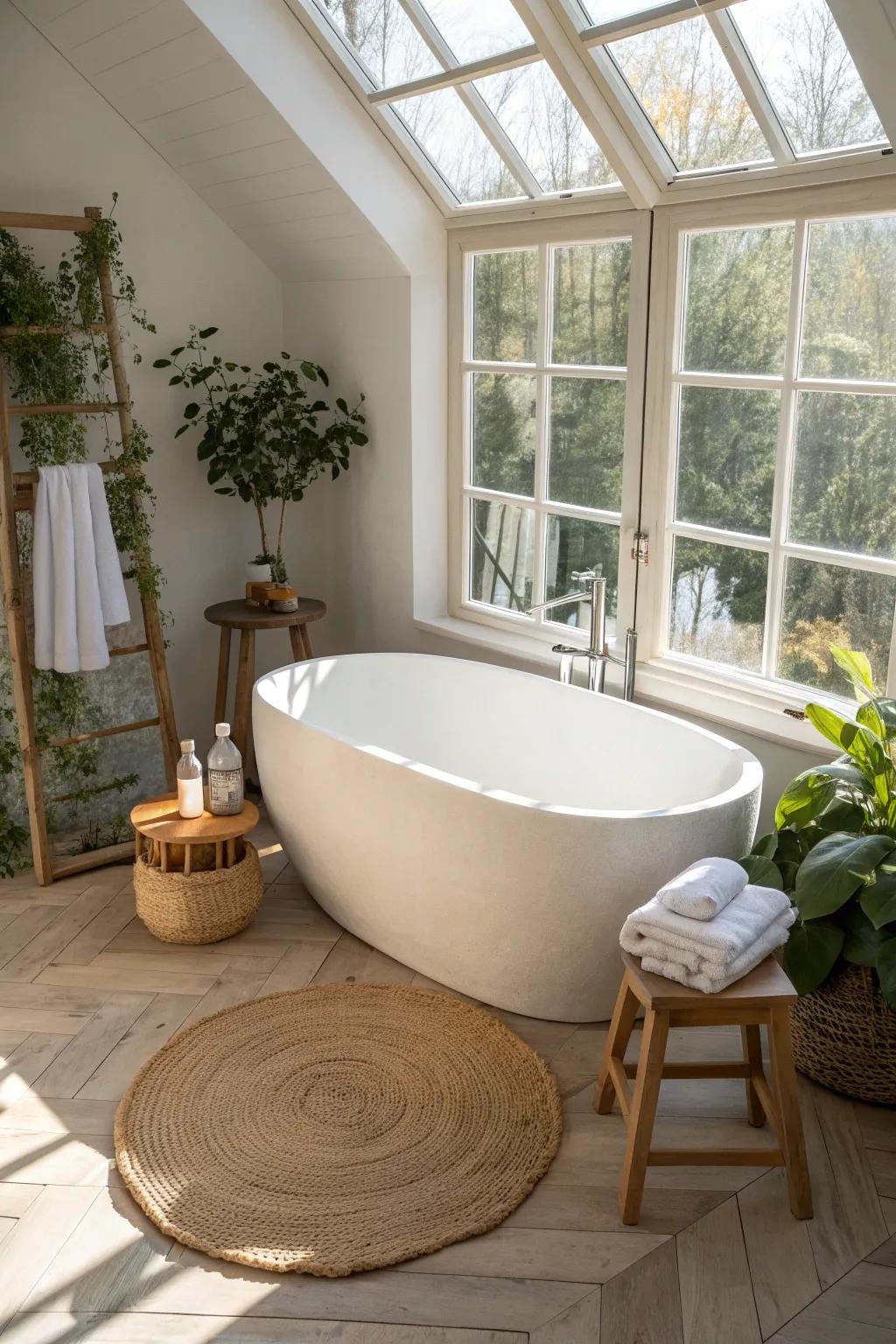 Tiny sunroom, big spa mood: a compact soaking corner with teak, towels, and greenery.