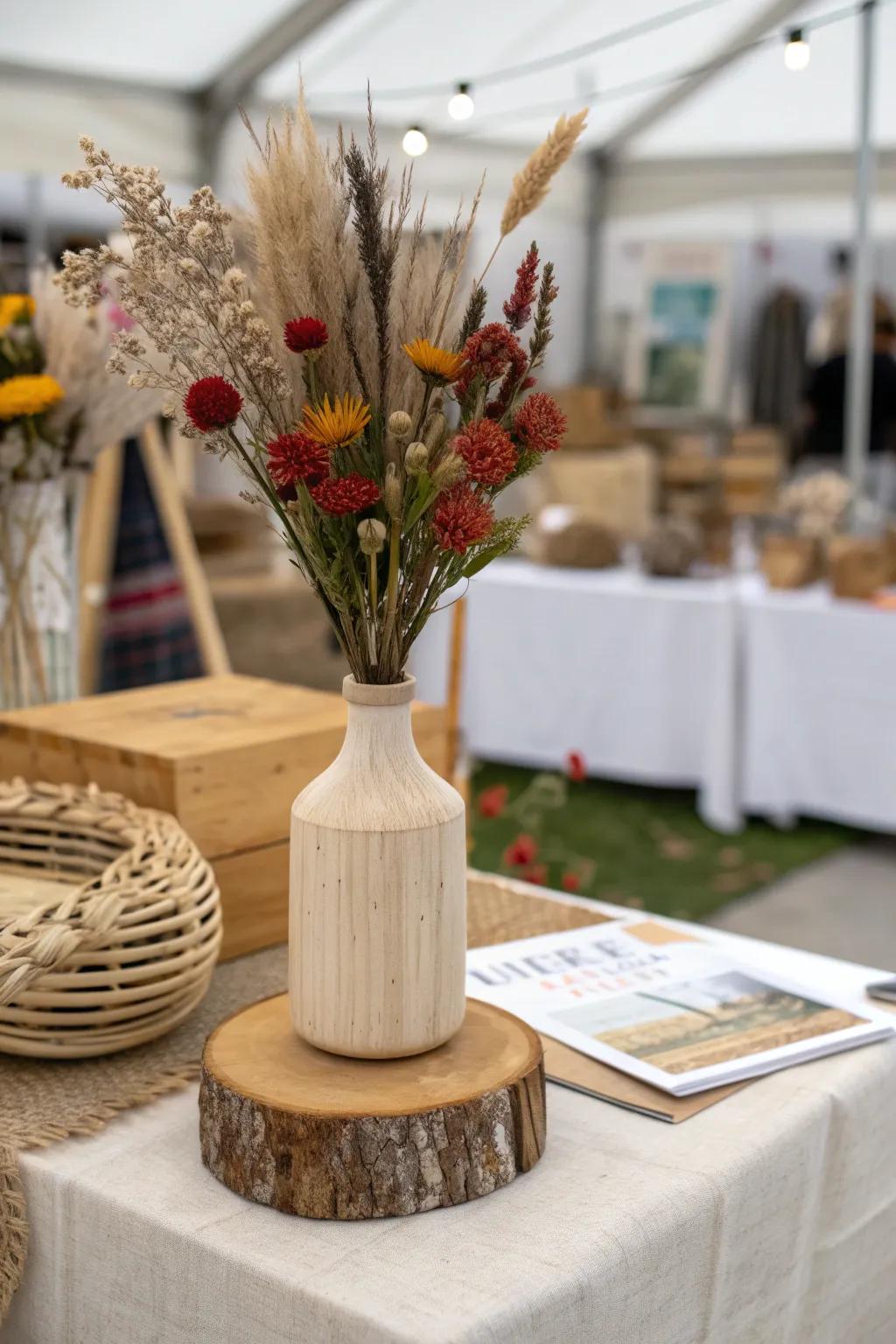 Embrace sustainability with a minimalist touch: a striking craft fair centerpiece made from upcycled wood.
