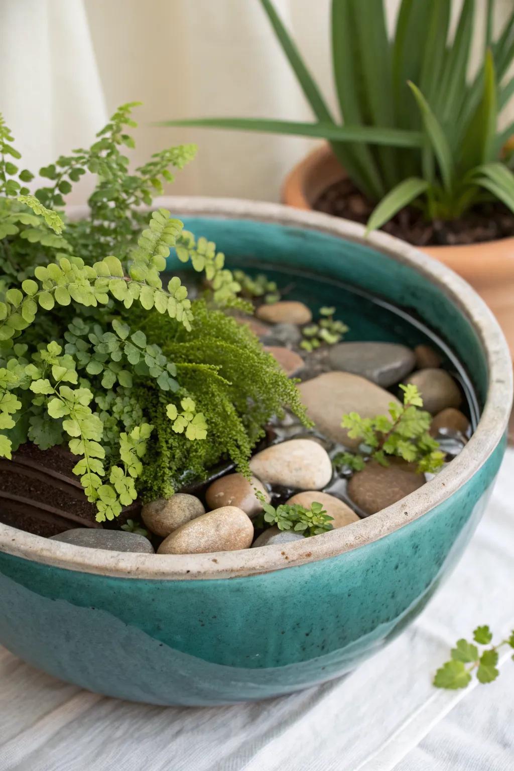 Mini water-garden bowl with Creeping Jenny spillover—calm, luxe greenery for small patios.