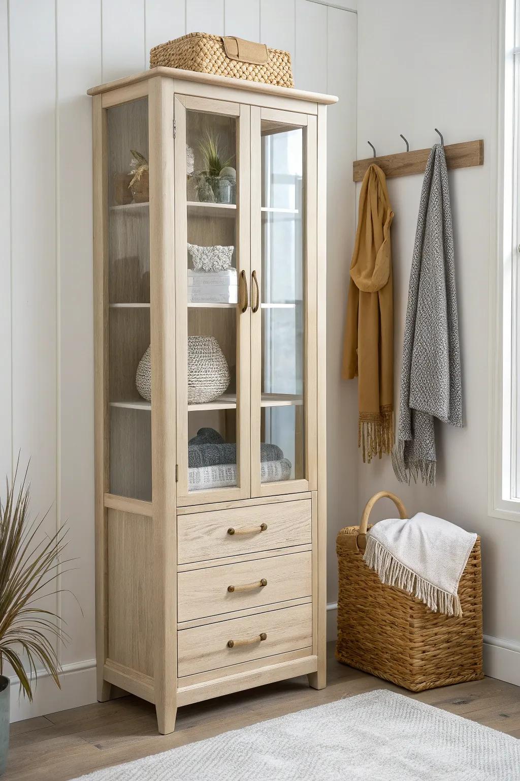 Glass-front closet display keeps favorites visible while drawers hide everyday clutter—small-space chic.