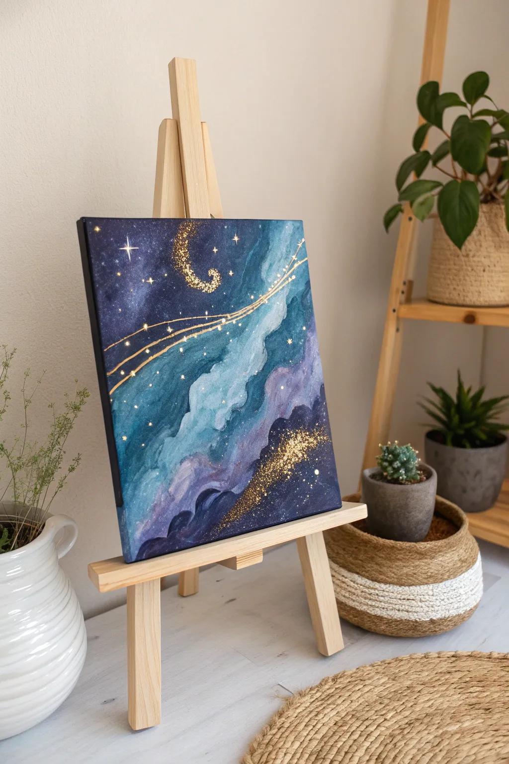 Unveil the cosmos in your home with this captivating dreamy galaxy painting, where simplicity meets celestial splendor.