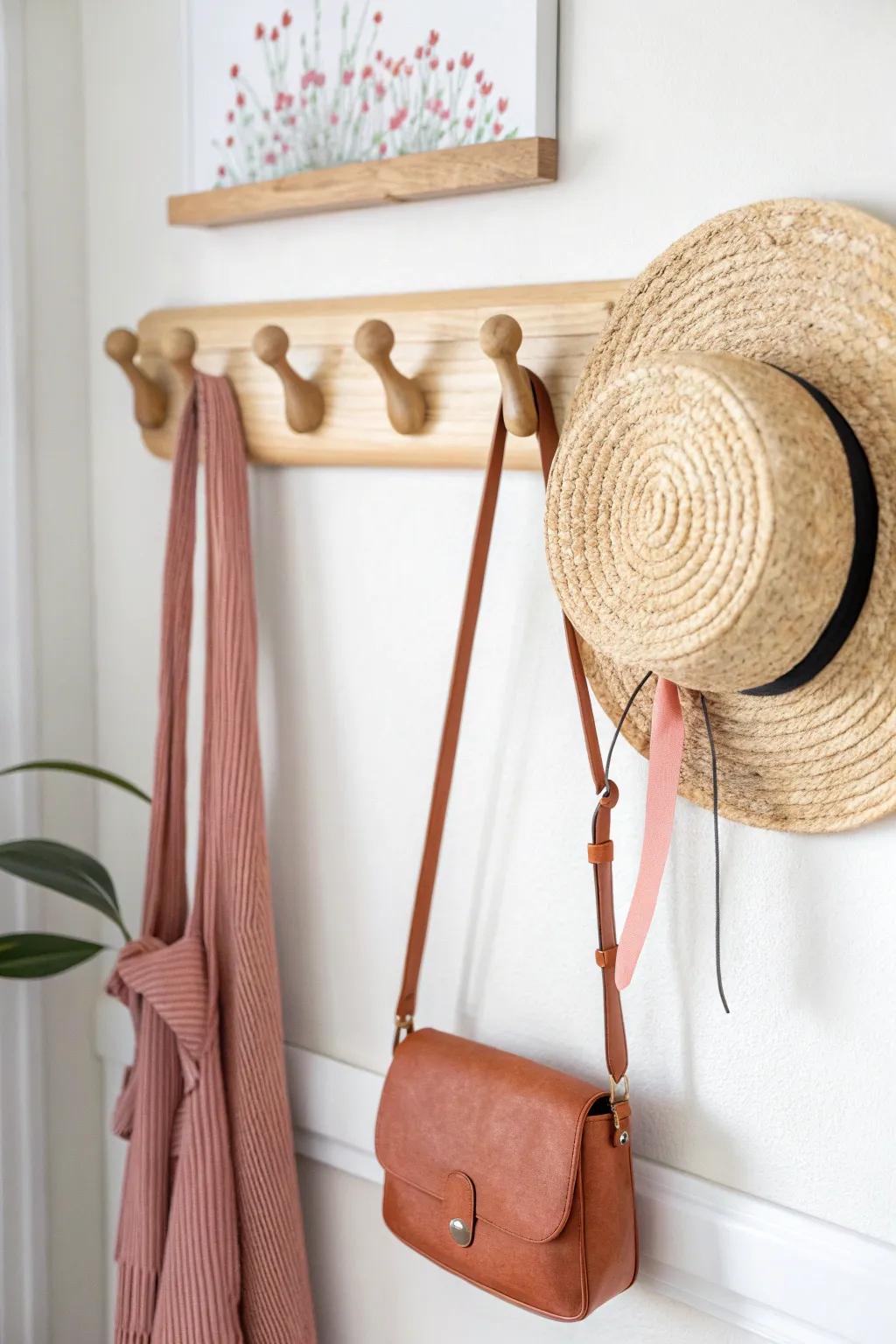 Blank closet wall → boutique vibes: a pretty hat-and-bag hook display that stores and decorates.