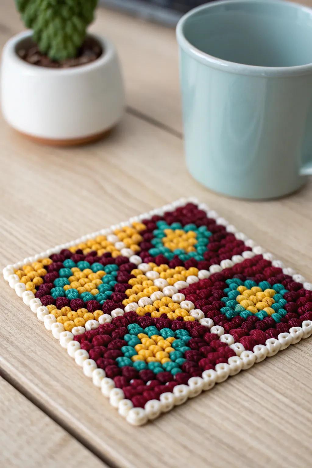Nostalgic charm meets modern design with these vintage quilt-inspired Perler bead coasters.
