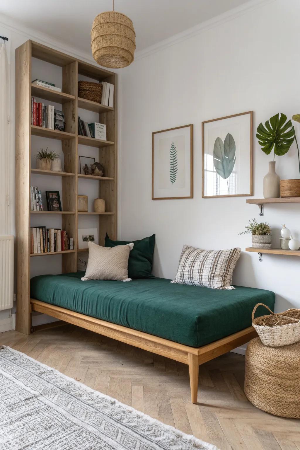 Make a daybed feel built-in—flank it with shelves for a chic focal wall and hidden storage.