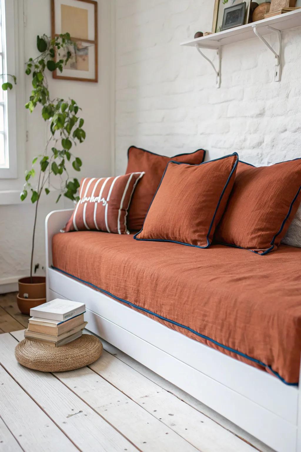 Turn oversized square pillows into a plush, renter-friendly pillow-wall “headboard” for your daybed.