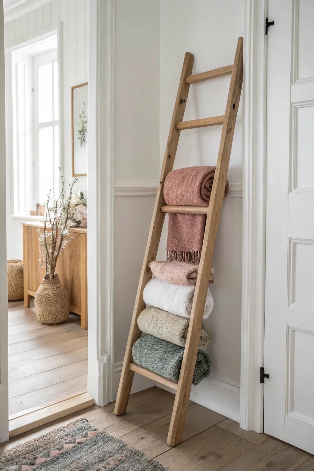 A minimalist linen ladder turns a narrow hallway into chic storage with color-stacked towels.