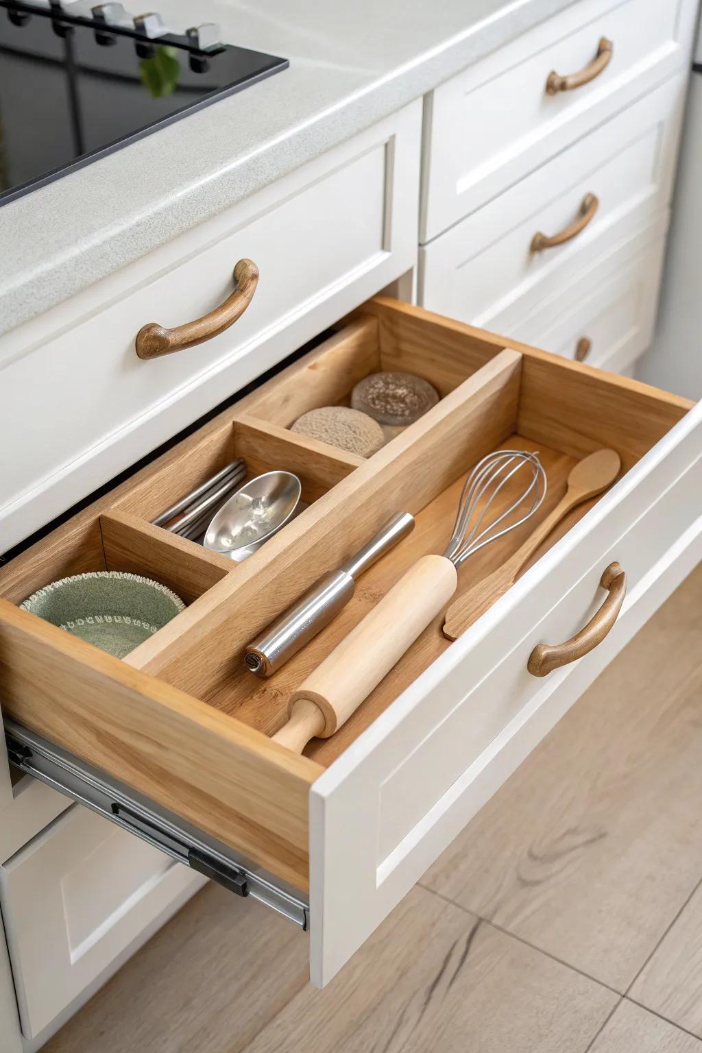 Lift-out handled crate turns a deep drawer into a hidden organizer—perfect for baking tools.
