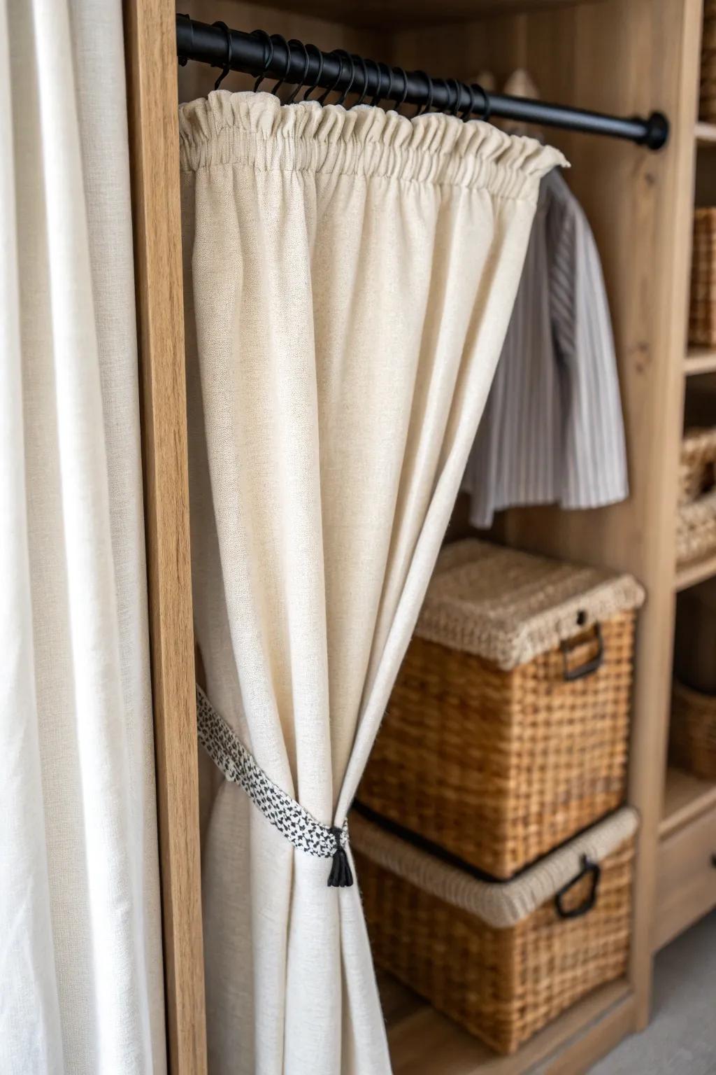 A simple linen curtain divider hides the messy back and instantly calms a deep narrow closet.
