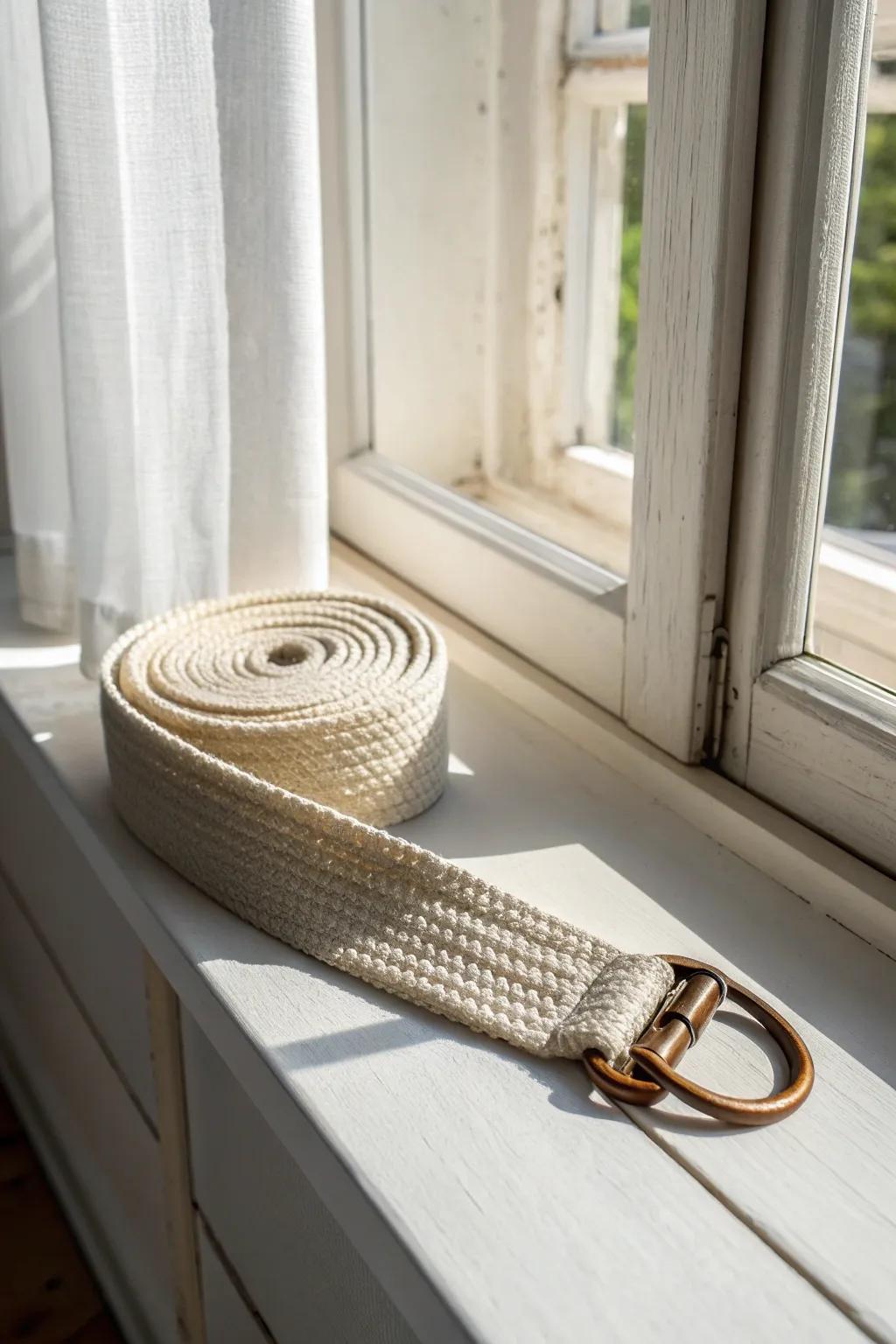Turn a deep sill into a sunrise stretch nook—just add a linen strap and light every morning.