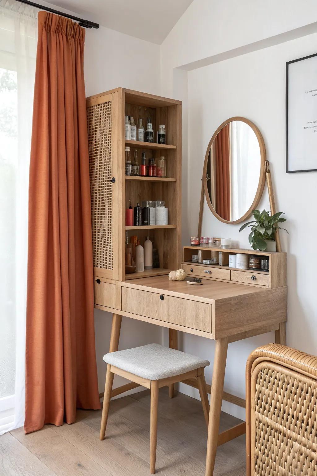 Mirror cabinet magic: hidden skincare storage that keeps your desk-vanity combo spotless.