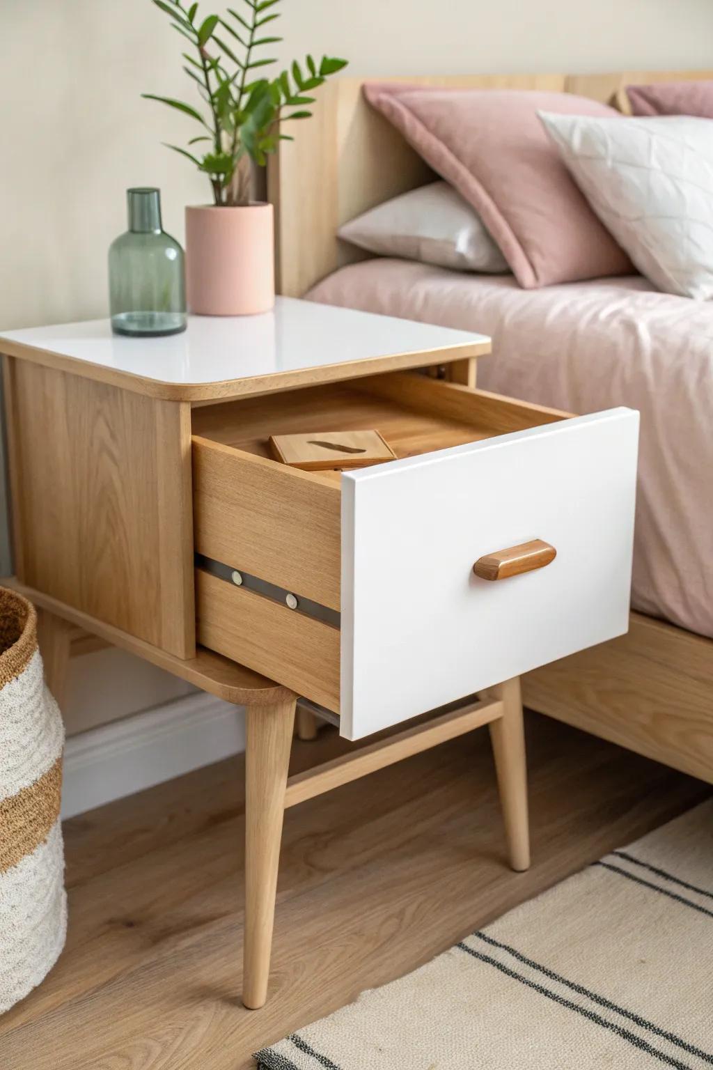 A slide-out bedside desk that disappears when you’re done—small-space magic, beautifully minimal.