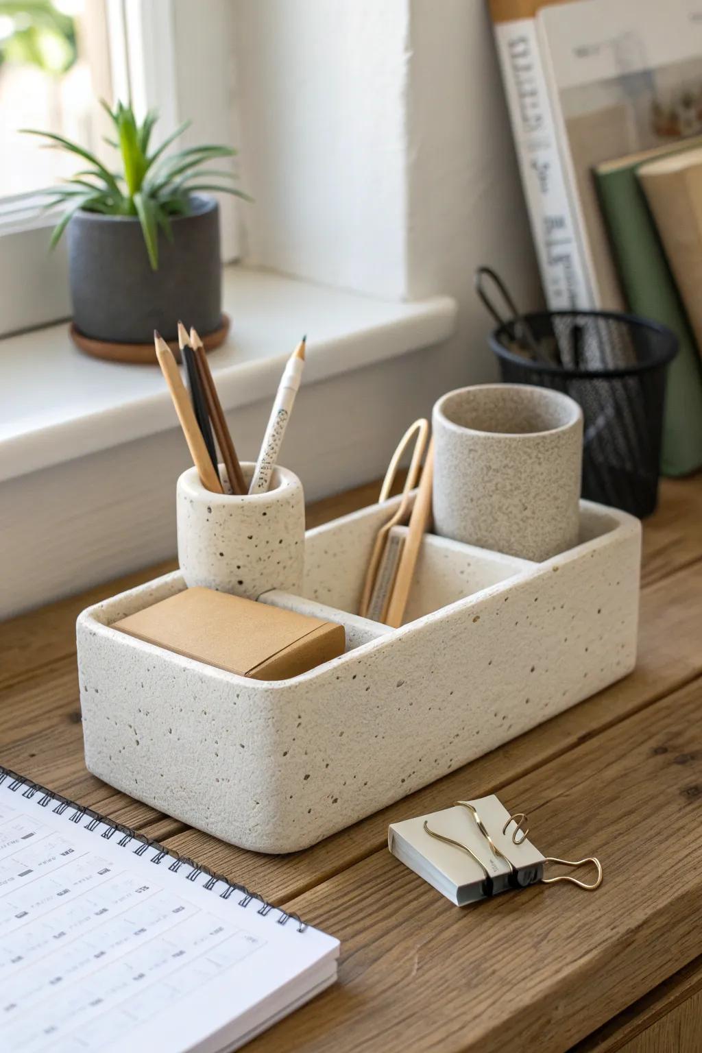 Soft neutrals calm the chaos—an elegant organizer that makes any small desk feel serene.