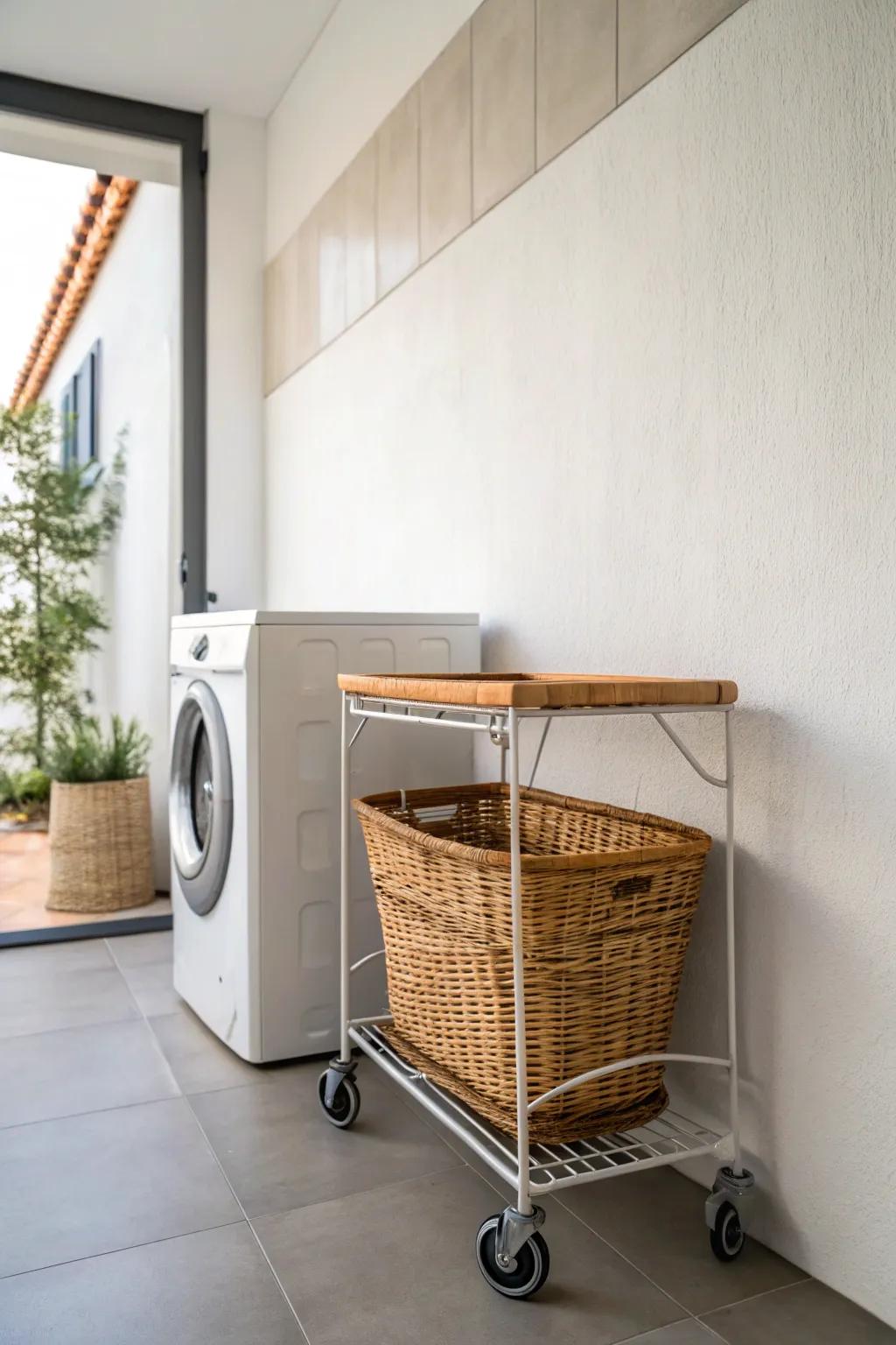 Turn the wasted gap beside your washer into chic storage with a slim rolling laundry cart.