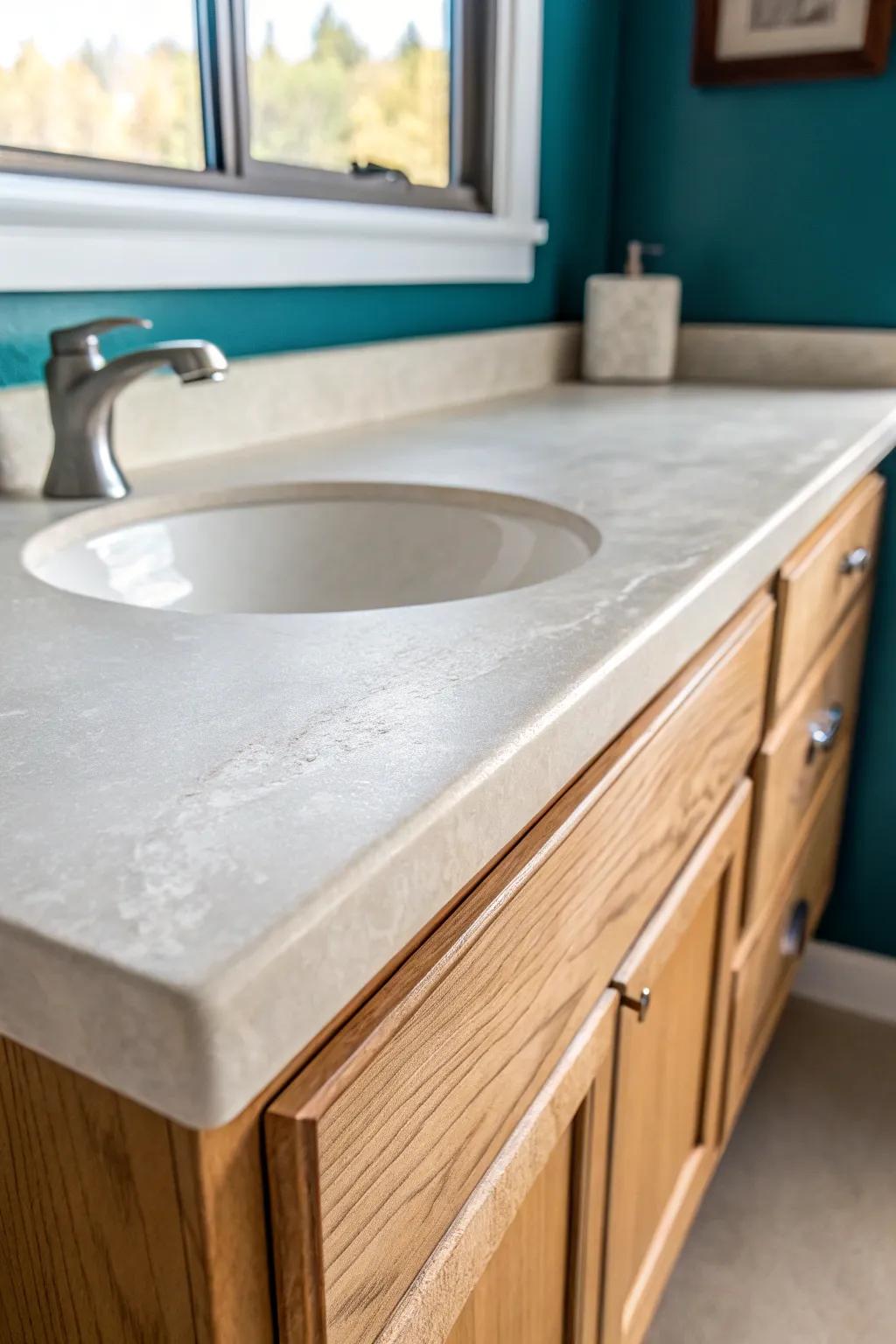 DIY countertop refresh: creamy microcement look that makes a budget vanity feel custom and new.