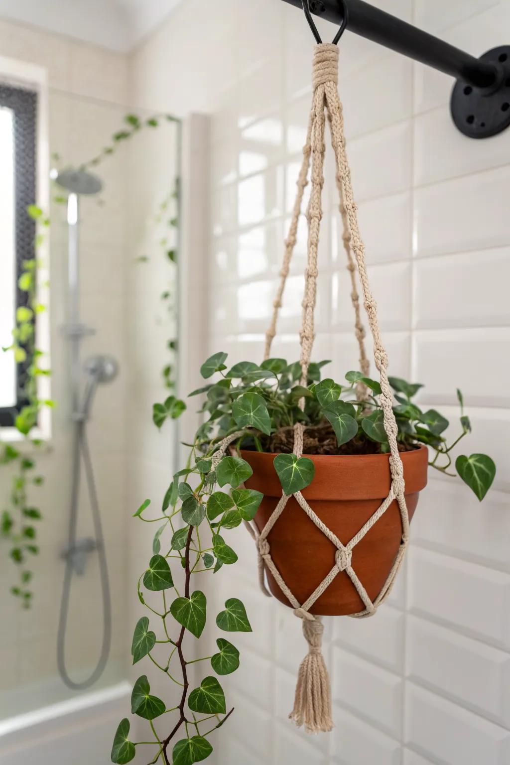 A single hanging planter brings spa-fresh greenery and keeps small bathroom counters clear.