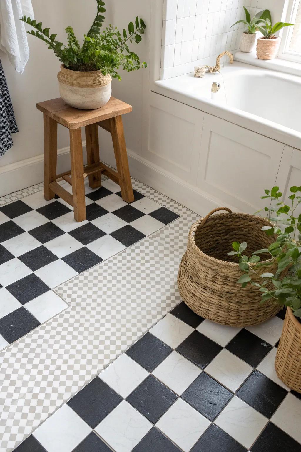 Transform your bathroom with a timeless checkerboard floor, where minimalist design meets bold style.