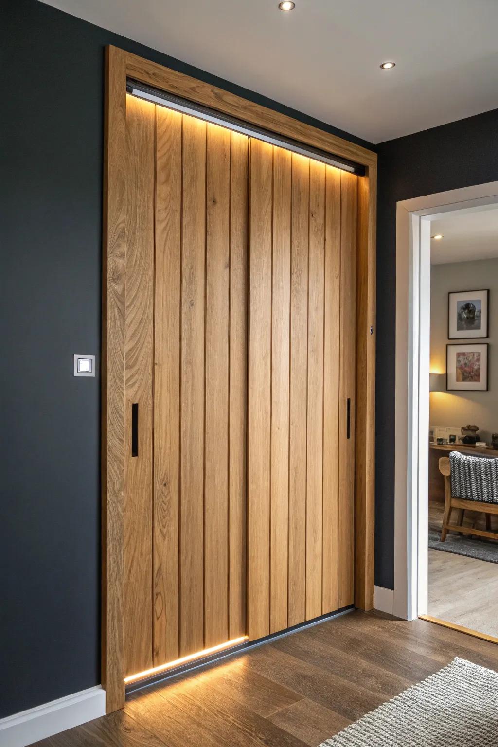 DIY backlit slat closet door: warm LED glow turns a dark corner into boutique-hotel style.