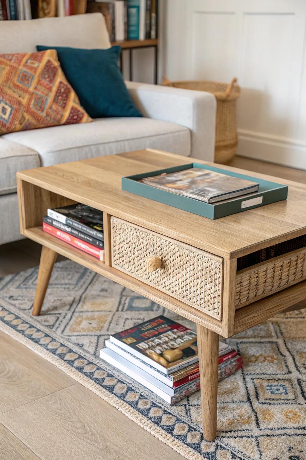 DIY coffee table drawer keeps DVDs tidy—spines up for effortless movie-night picking.