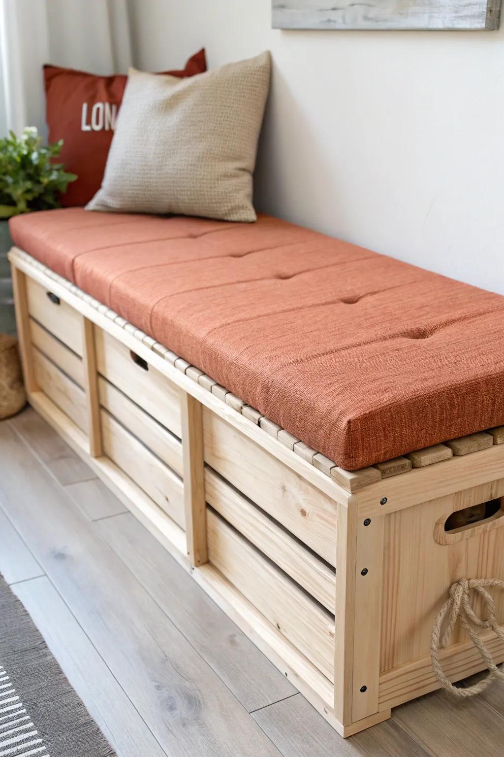 DIY crate storage bench: bold terracotta cushion on natural wood, perfect for small bedrooms.