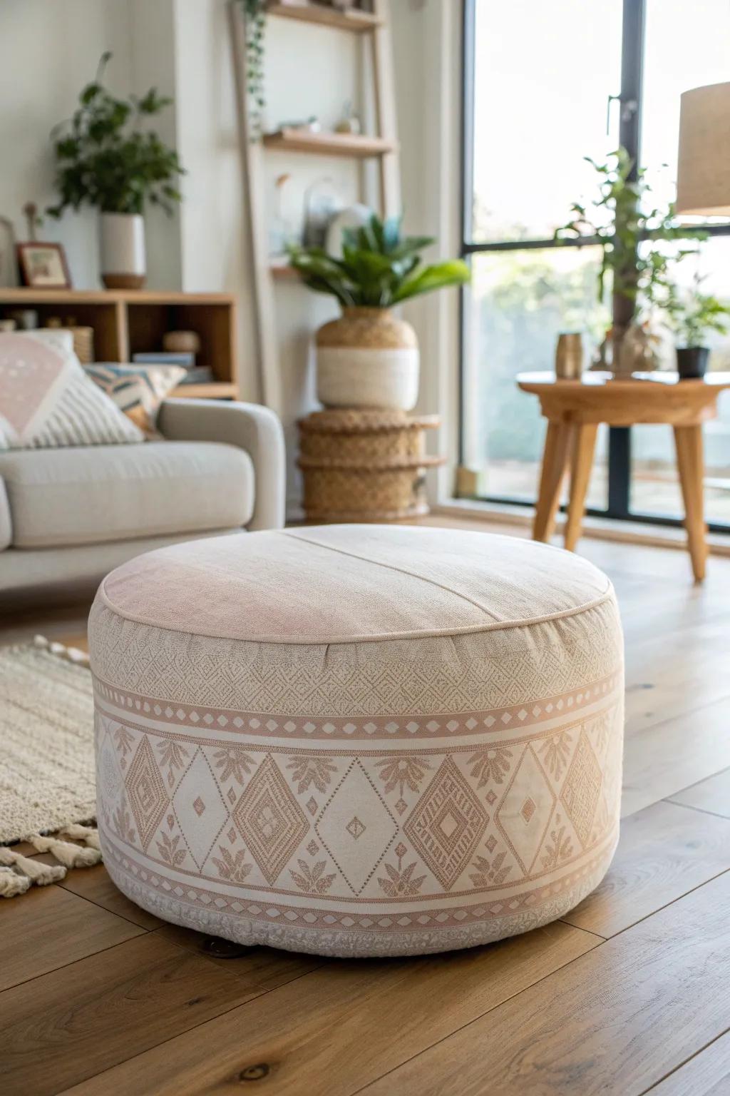 Transform a drum into a chic ottoman for a unique touch in your minimalist haven.