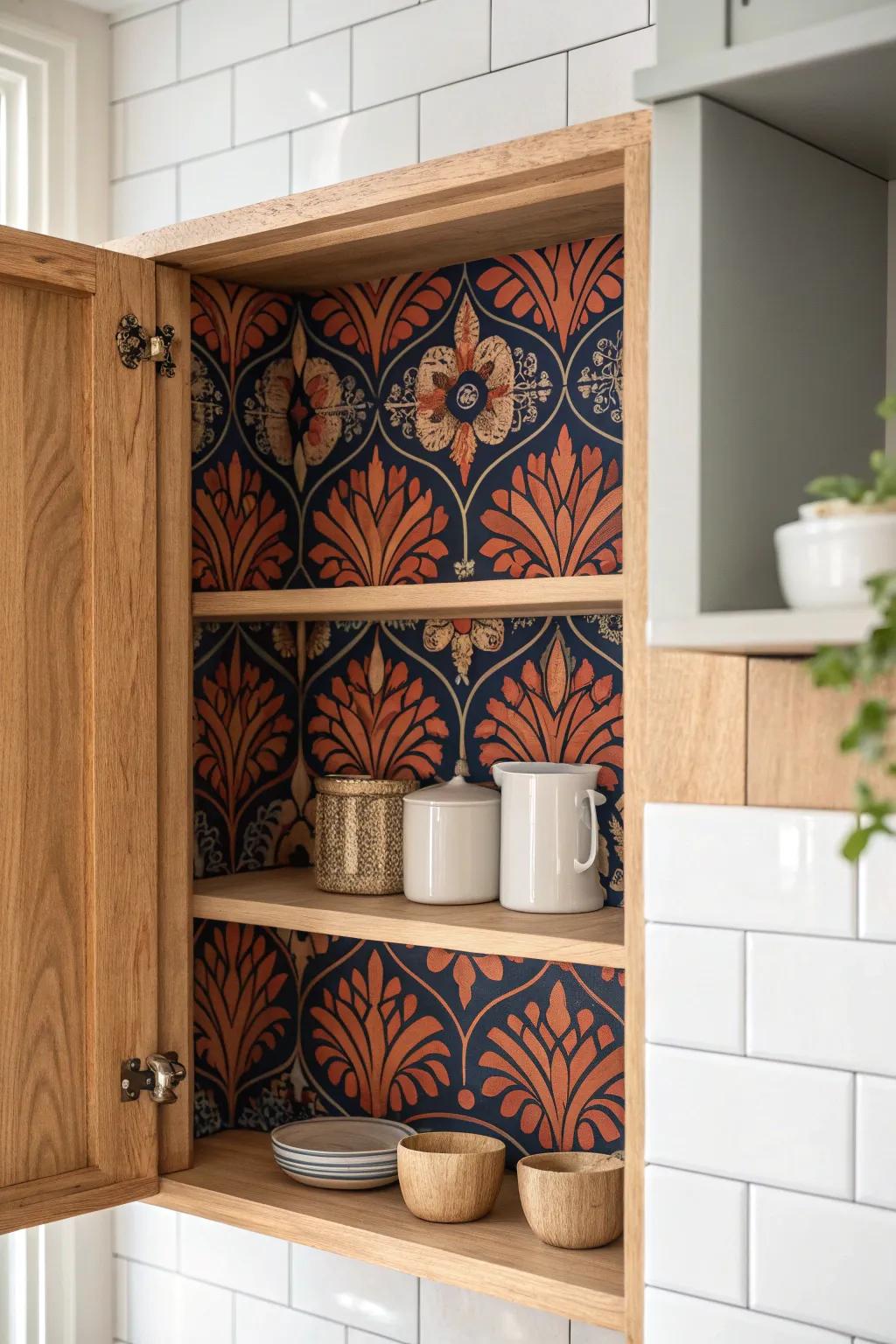 Peel-and-stick wallpaper on the pantry back wall turns simple shelves into instant style.