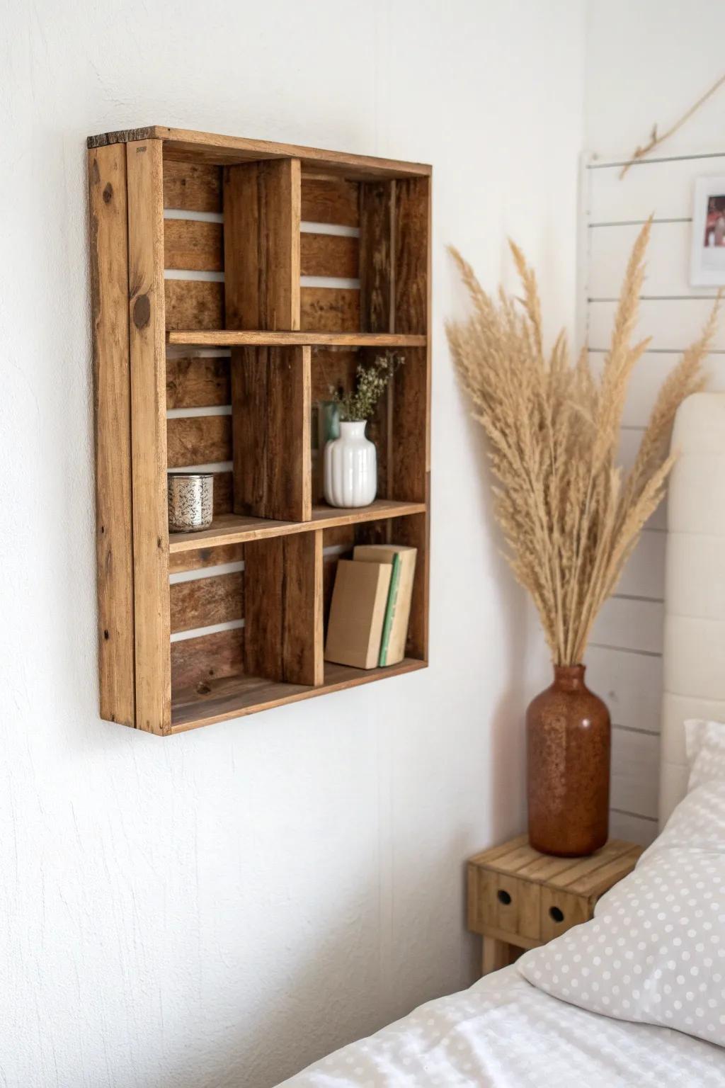 Side-mounted wood crate shelf: stained + natural mix for chic, airy bedroom cubbies.