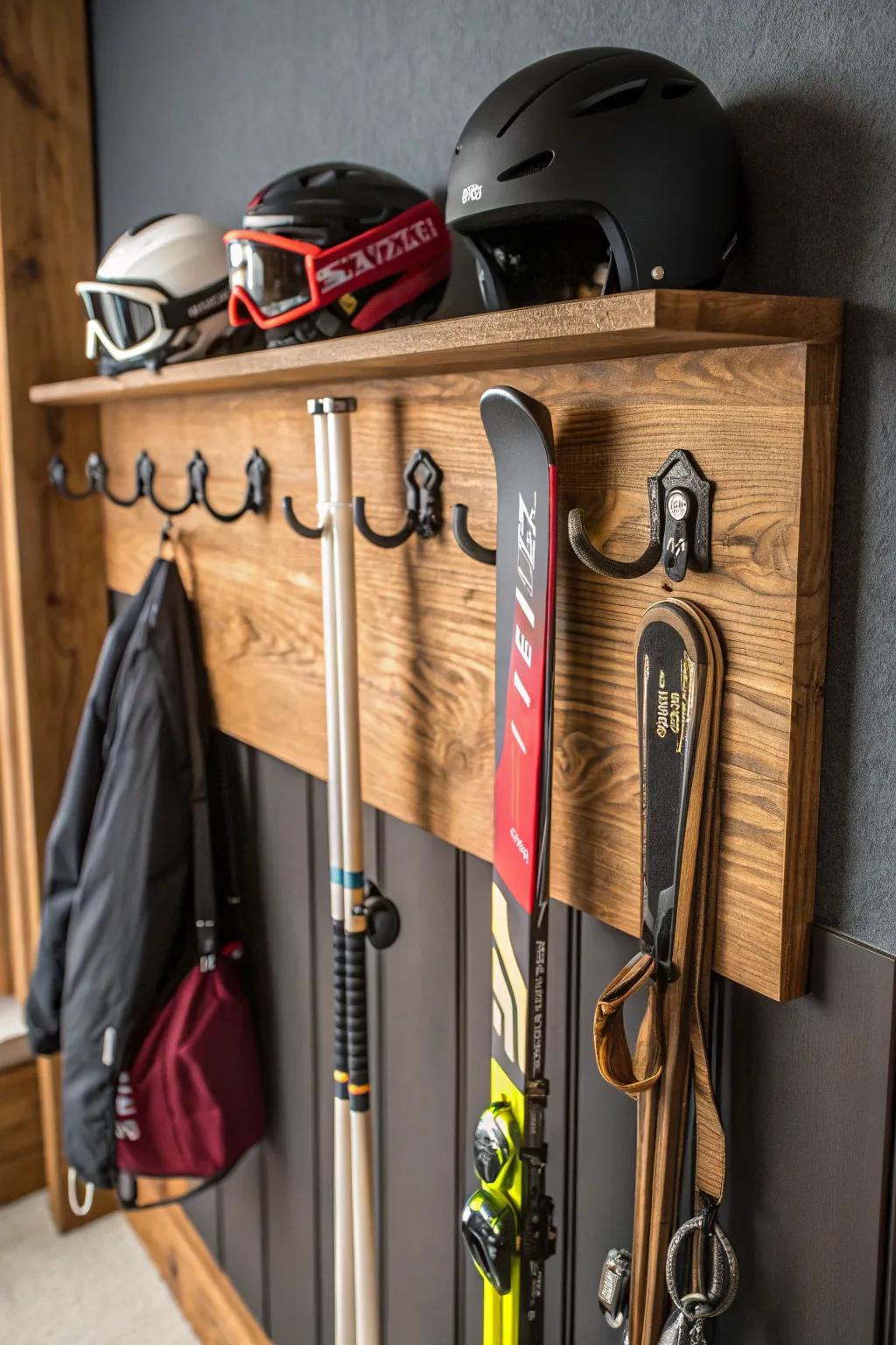 Elevate your gear storage with this elegant multi-purpose ski rack—where functionality meets craftsmanship.