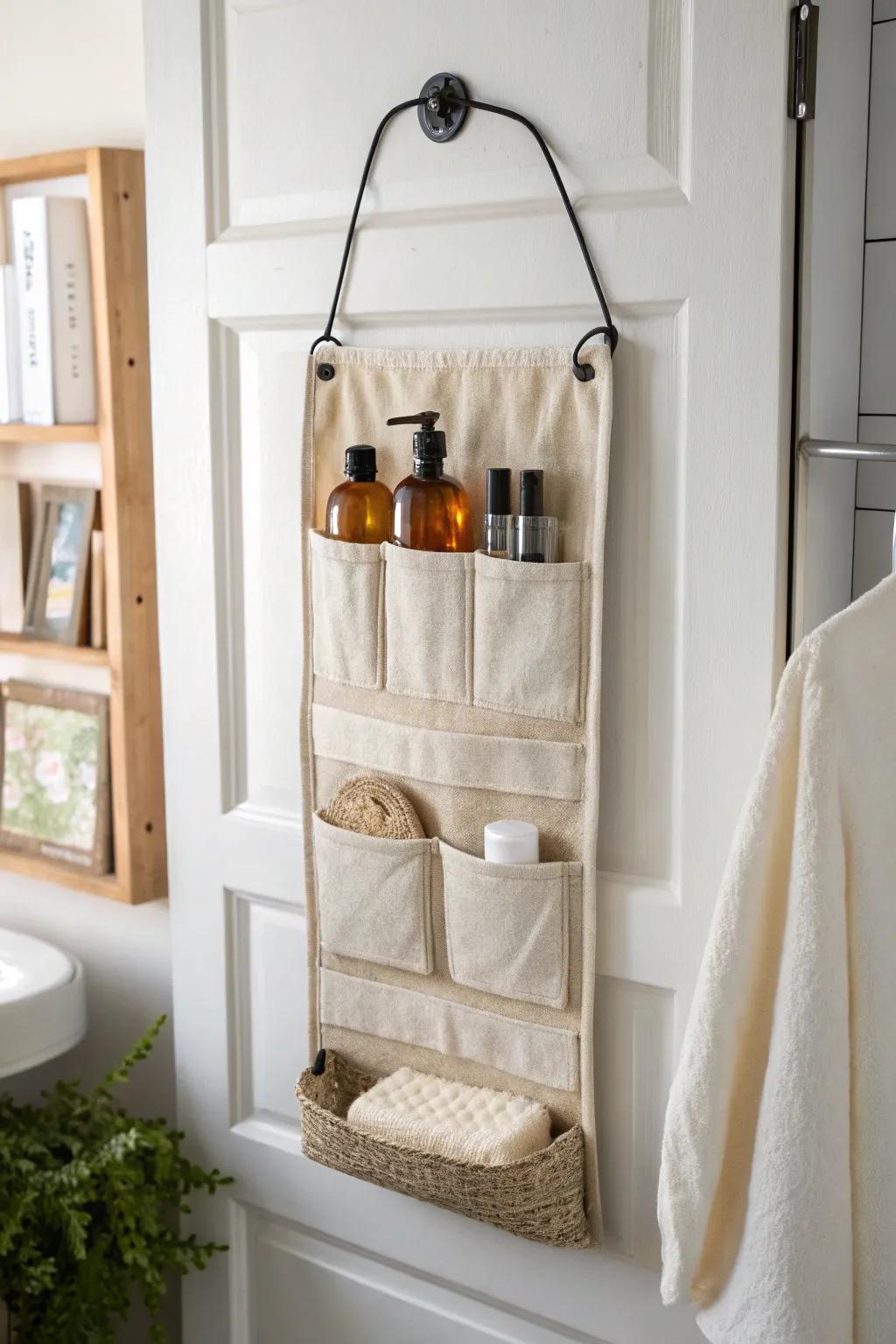 Turn your door into a mini cabinet: a chic over-door organizer for tiny bathroom storage.